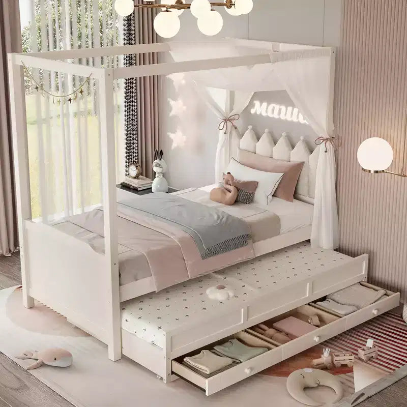 Doppel-/Einzelbett-Plattformbett mit Ausziehbett, Prinzessinnen-Himmelbett aus Holz mit 3 Schubladen, Stauraumbett mit gepolstertem Kopfteil für das Schlafzimmer