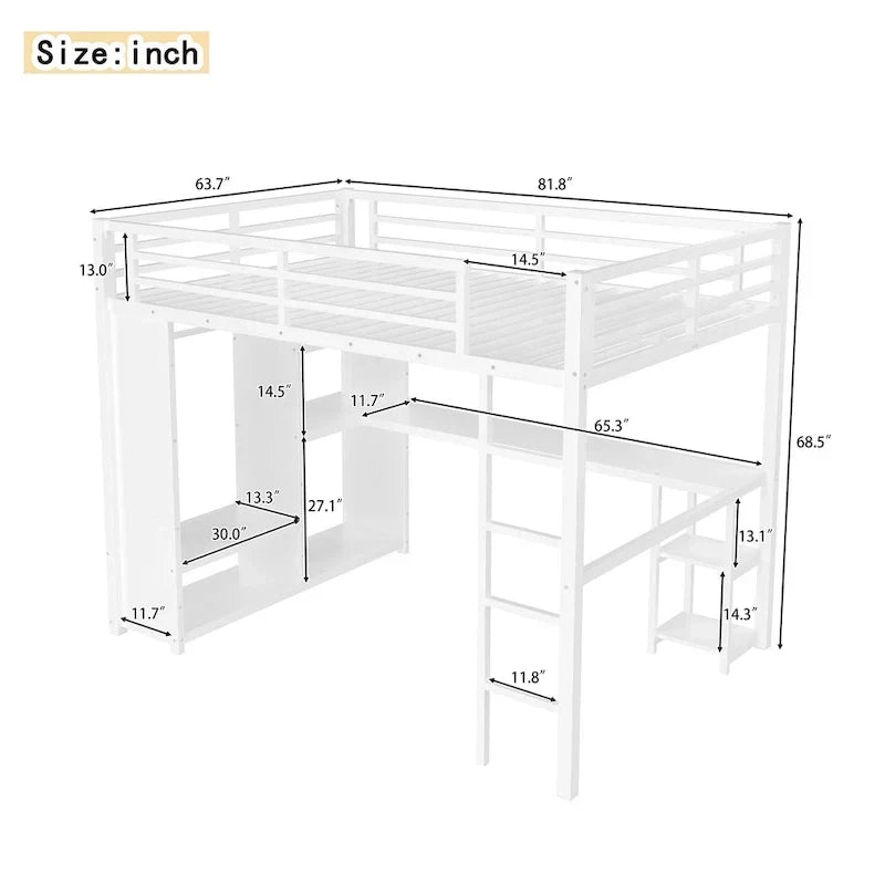 Queensize-Hochbett – Einbauschrank und Schreibtisch, Metallgestell mit Regalen