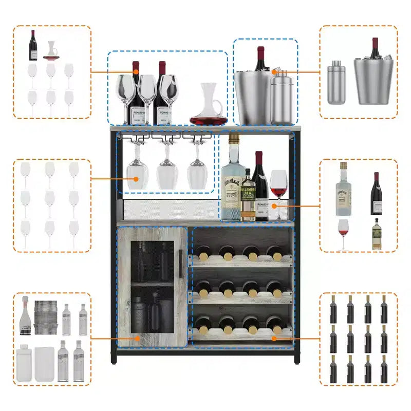 Grauer 3-stöckiger industrieller Weinbarschrank (12+ Flaschen), 91,4 H x 61 B x 38,1 T cm, abnehmbares Regal, 9 Glashalter & verstellbare Einlegeböden für Zuhause/Bar