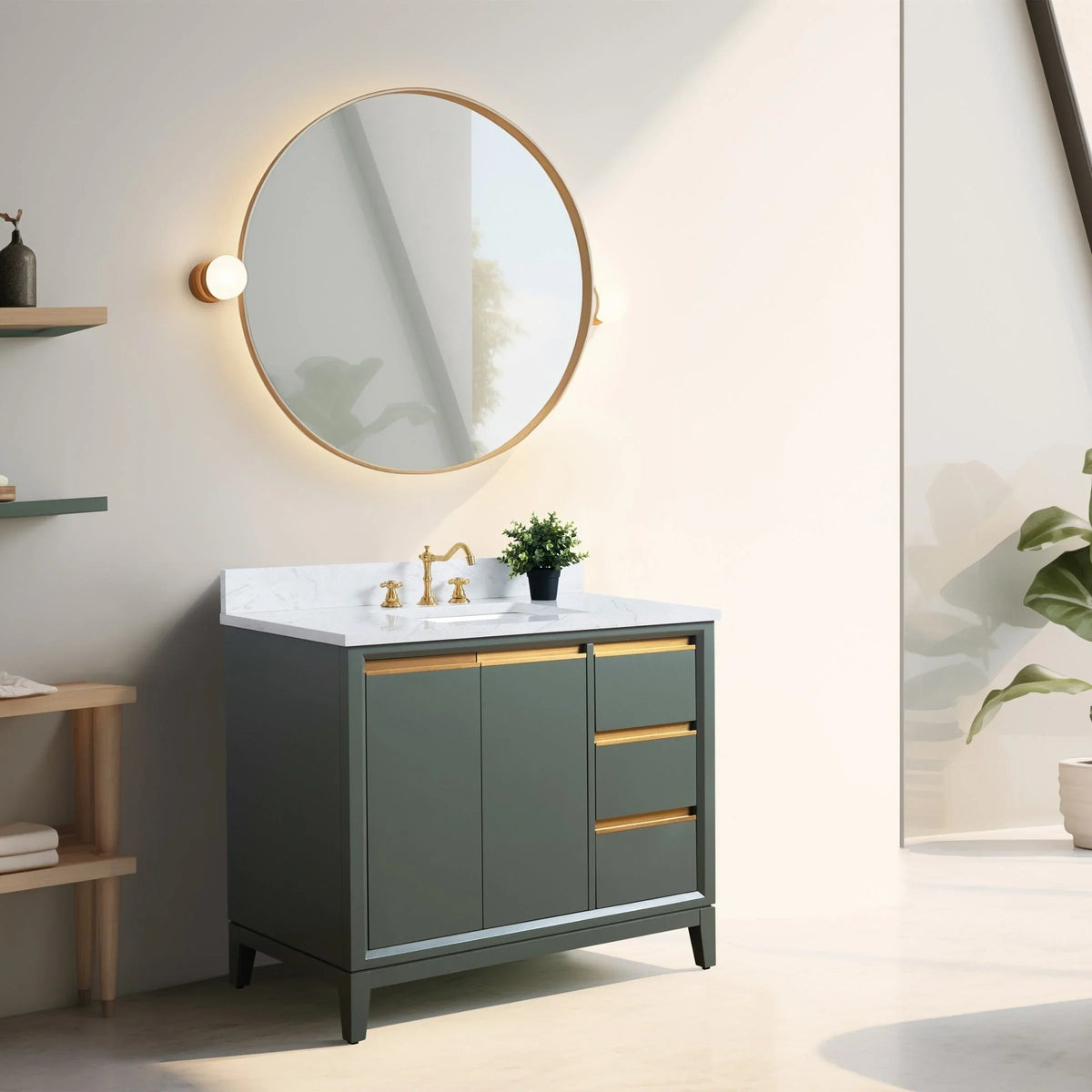 Vanity Art Badezimmerschrank mit Keramikwaschbecken und Platte aus technischem Marmor