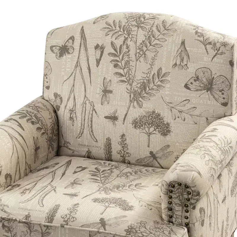 Gepolsterter Sessel aus Holz mit Blumenmuster, Paneel-Armlehnen und Kamelrückenlehne