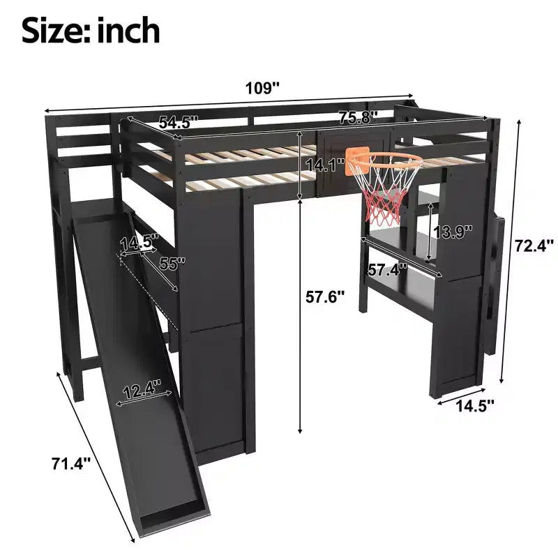 Luxystar Komplettes Hochbett aus Holz mit Schreibtisch, Rutsche, Basketballkorb und Aufbewahrungstreppe für Kinder und Jugendliche