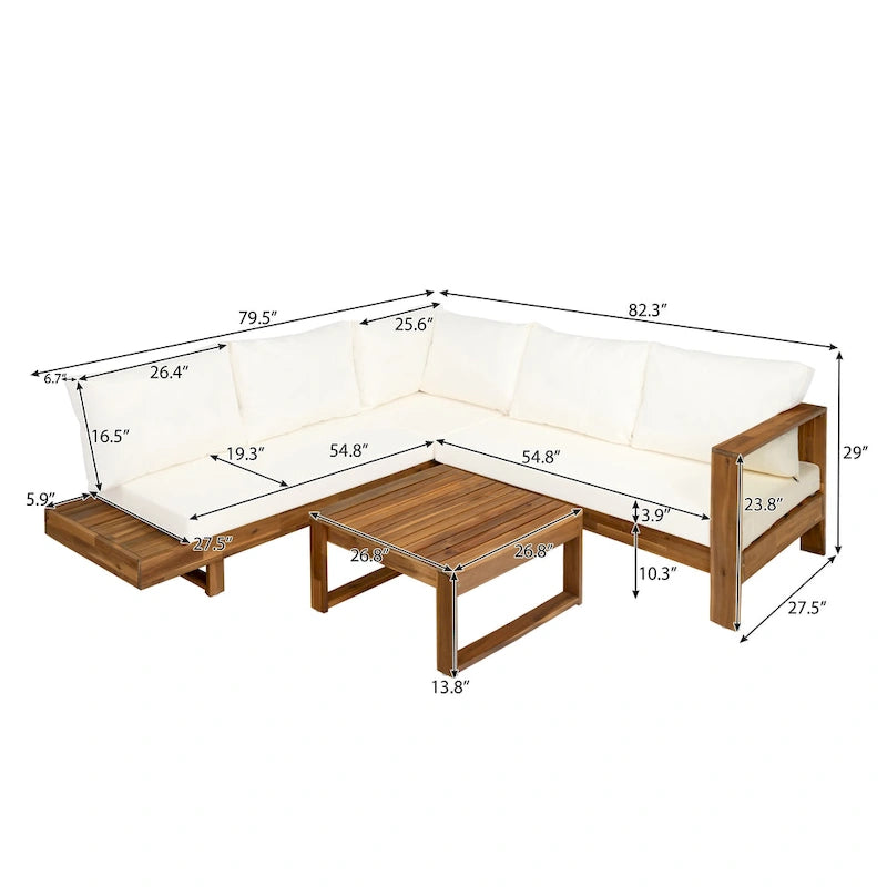 L-förmiges Ecksofa-Set, Terrassen-Sitzgruppe mit Tisch, Lounge-Ecksofa aus Holz, 4-teiliges Outdoor-Sitzgruppen-Set