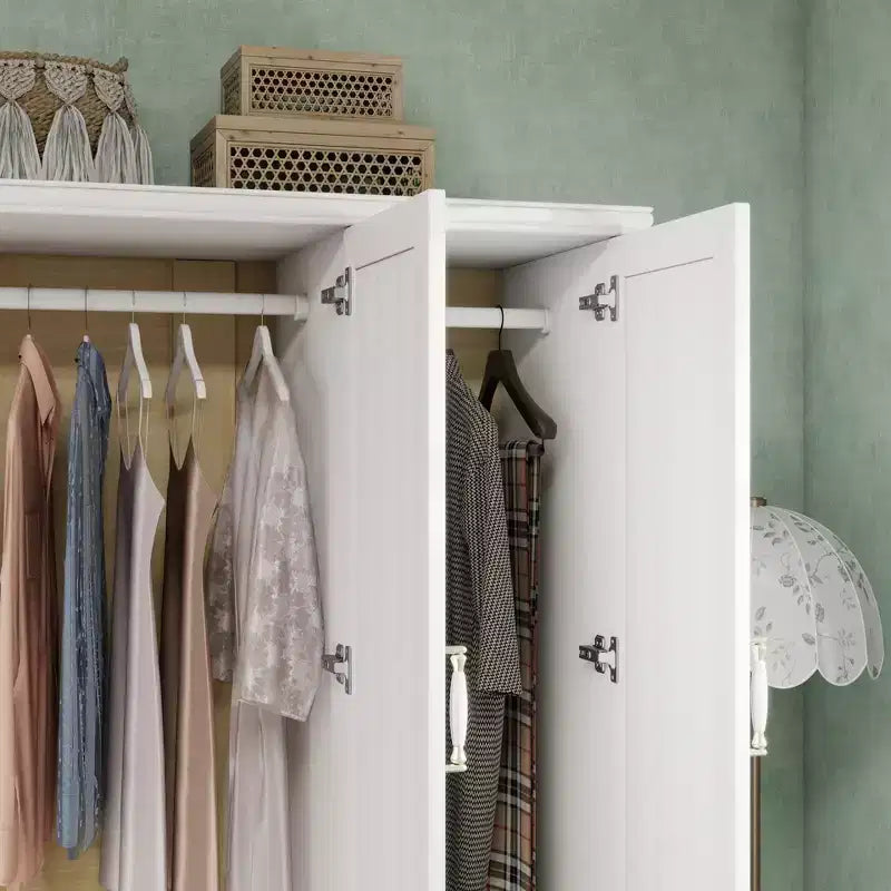 Weiße Holz-Kleiderschrank, 156 cm, mit 2 Schubladen, Kleiderstange und Einlegeböden