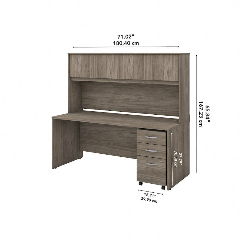 72-Zoll-Schreibtisch mit Aufsatz und mobilstem 3-Schubladen-Rollcontainer