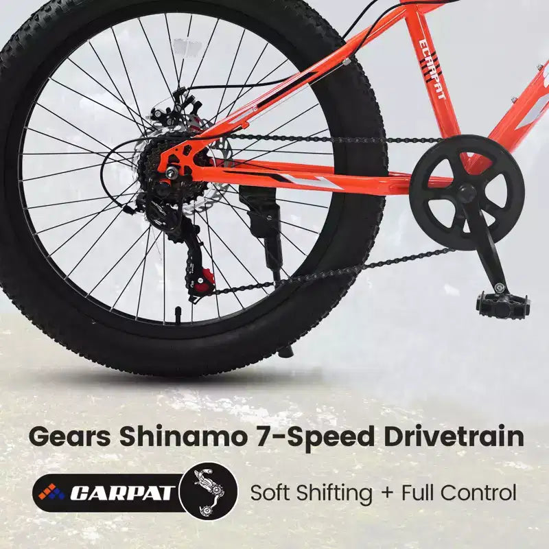 Okak 24-Zoll-Fatbike mit Vordergabel-Federung, 7-Gang-Mountainbike mit Scheibenbremsen und Rahmen aus kohlenstoffreichem Stahl, Trailbike für den täglichen Arbeitsweg