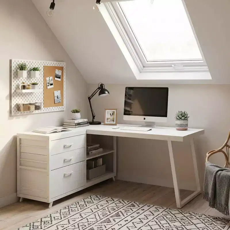 Umkehrbarer L-förmiger Schreibtisch mit 3 Schubladen & offenen Regalen - Rustikales Home Office