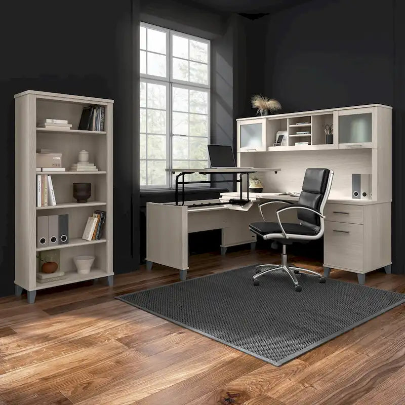 Bush Furniture Somerset 60 Zoll breiter L-förmiger Schreibtisch mit Aufsatzregal und Stauraum