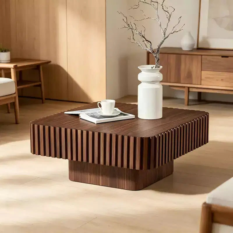31,5 Zoll moderner handgefertigter Trommel-Couchtisch, quadratisch, Sockel aus Walnuss-MDF