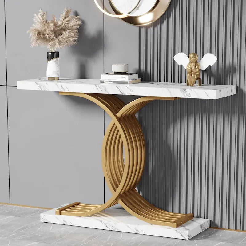 Schwarzer/goldener moderner Konsolentisch mit Marmoroptik-Tischplatte, 99 cm breiter Holztisch für den Eingangsbereich mit geometrischen Metallbeinen