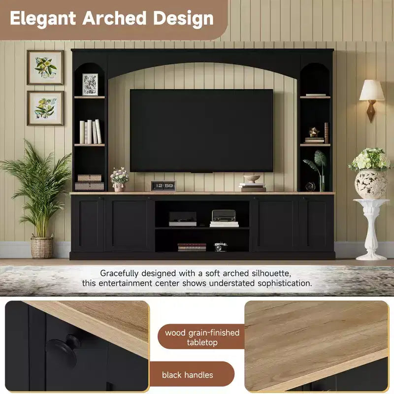 Whisen 91 Medienkonsole, gewölbte Entertainment-Center-Wandkombination im Landhausstil mit Bücherregal, Holzmaserung, für Fernseher bis zu 70 Zoll