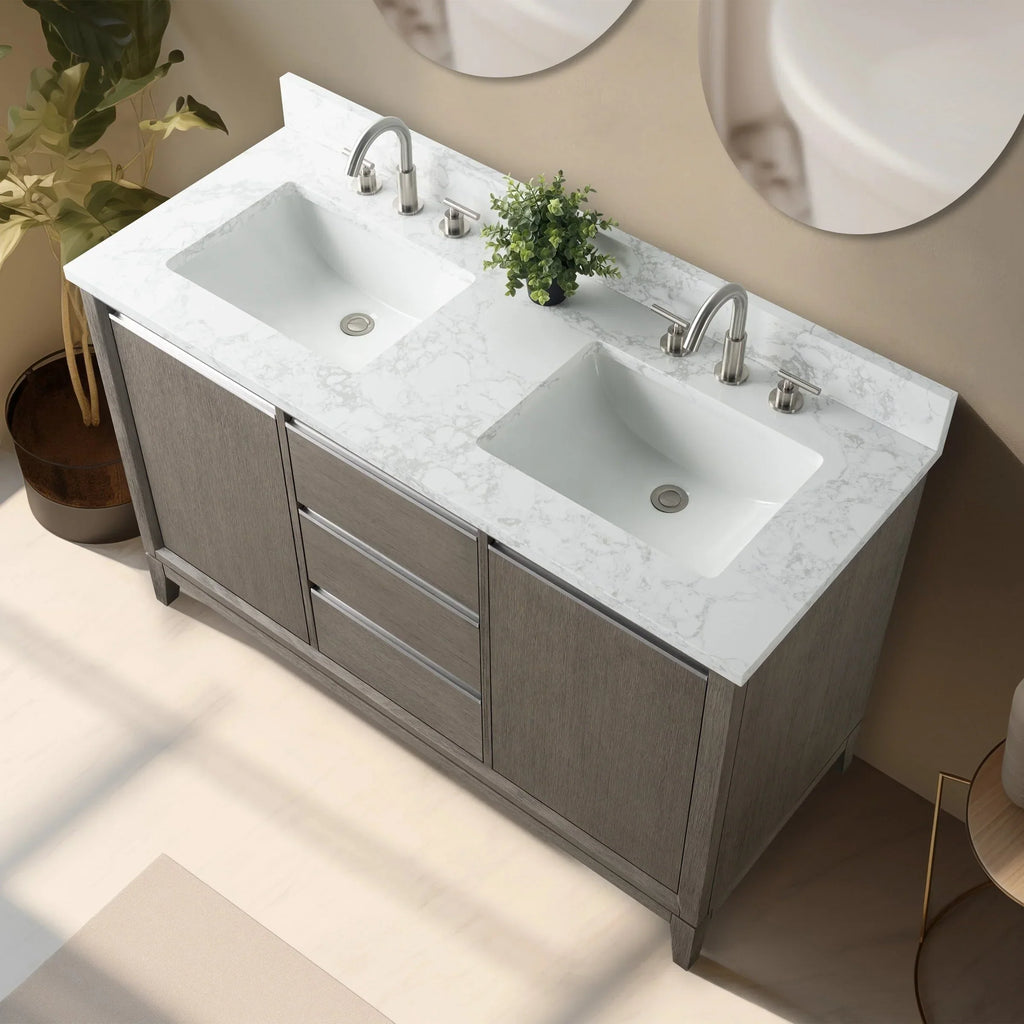 Vanity Art Badezimmerschrank mit Keramikwaschbecken und Platte aus technischem Marmor