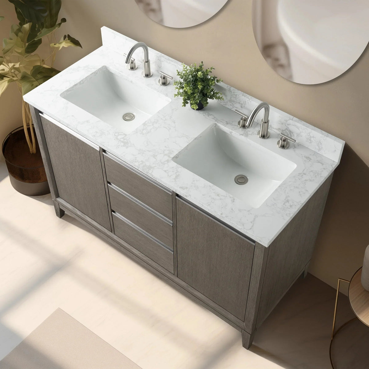 Vanity Art Badezimmerschrank mit Keramikwaschbecken und Platte aus technischem Marmor