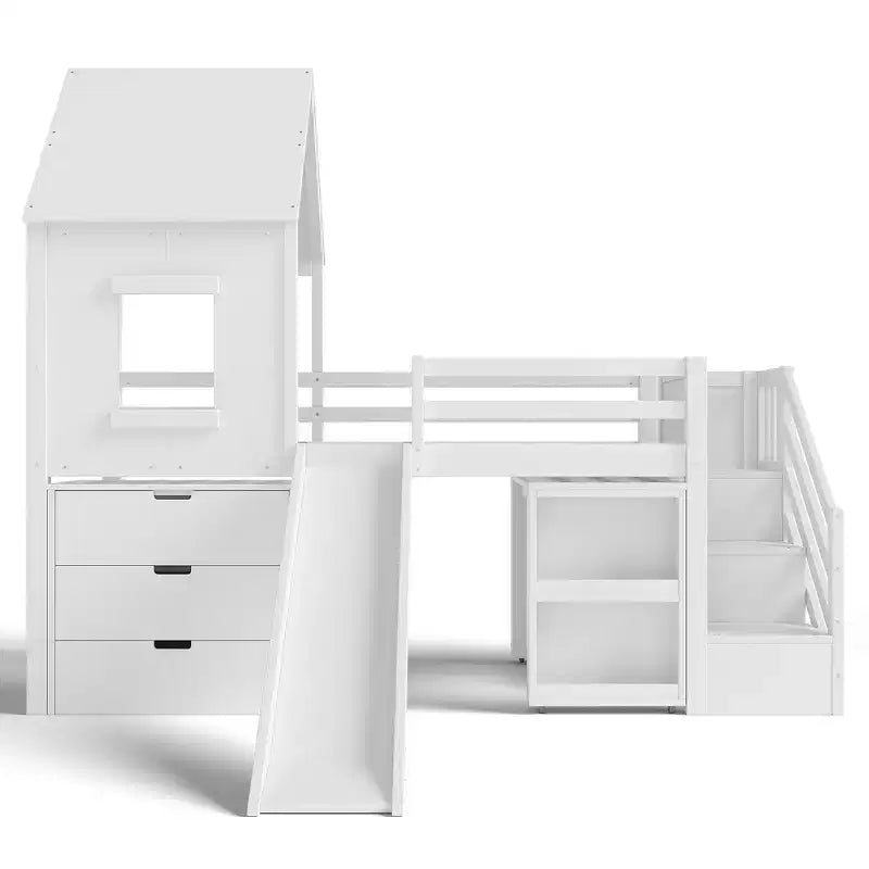 Einzel-Hochbett mit 3 Schubladen und Treppenregal, Hausbett-Gestell aus Holz mit Rutsche und herausziehbarem Schreibtisch