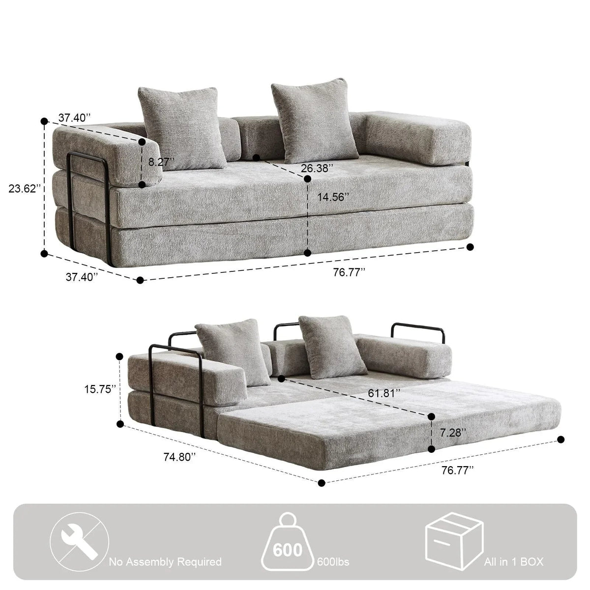 Umwandelbares Bodenschlafsofa mit Rückenkissen, Chenille-Gewebe für Wohnzimmer Schlafzimmer