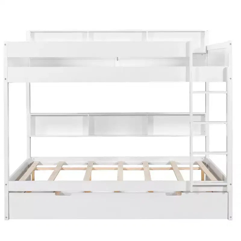 Luxystar modernes Etagenbett mit zwei vollwertigen Liegeflächen, Regalen und Ausziehbett