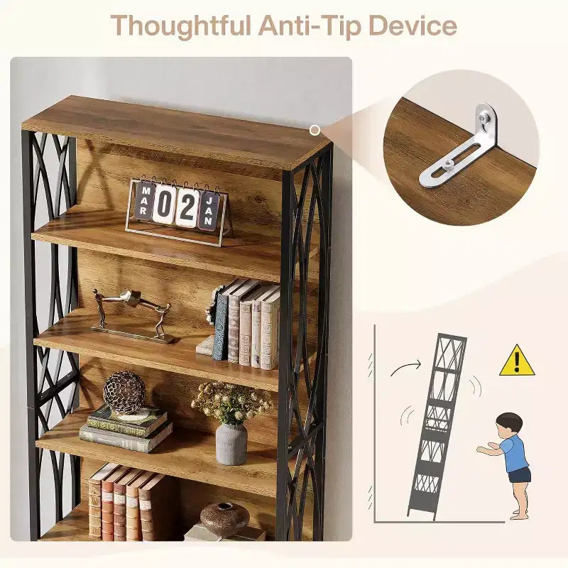 Lantine 70,87 Industrie-Bücherregal, 6-stufiges Regal mit geometrischem Metallrahmen & offenen Ablageflächen für Homeoffice, Wohnzimmer, Braun