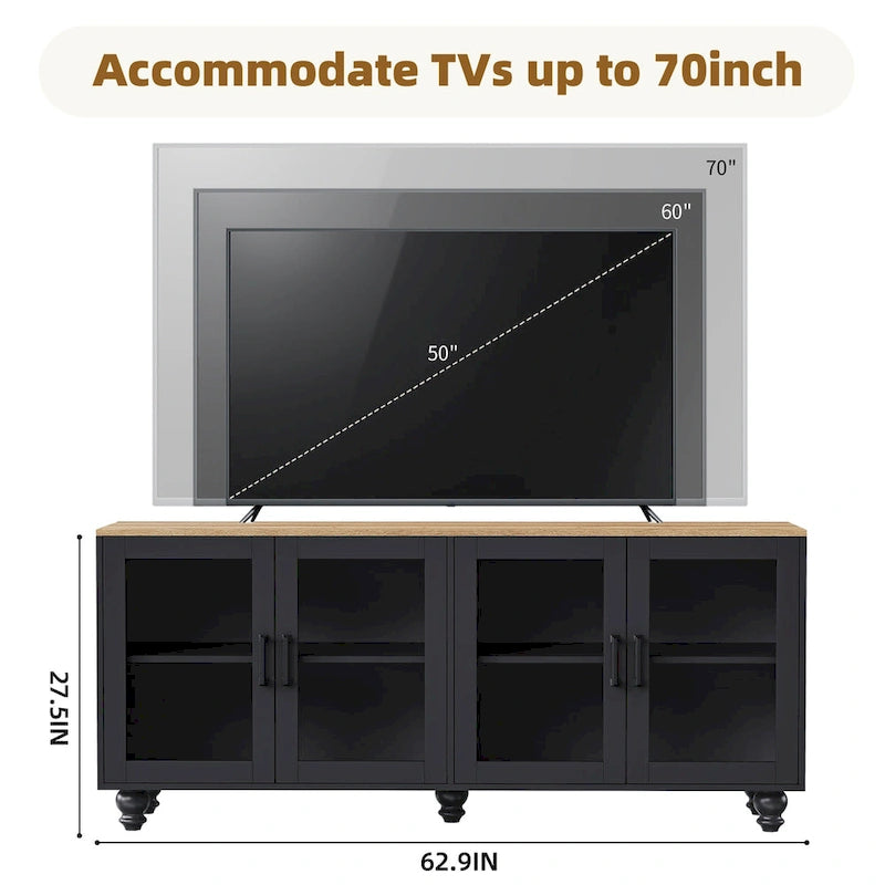 Schwarzes Entertainment-Center im Landhausstil mit dunklem Walnussholz, Bücherregalen und Türen aus gehärtetem Glas für Fernseher bis 70 Zoll