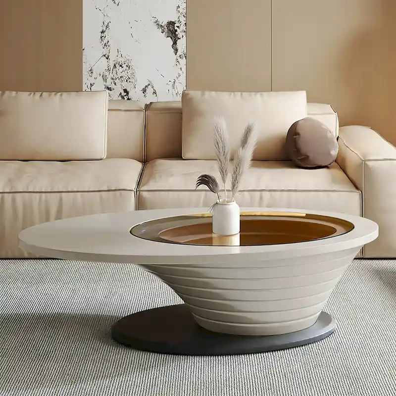 Leichter Luxus Moderner minimalistischer Couchtisch mit ovaler Glasplatte und grauem Gestell 51 Zoll – L 51,18 B 25,59 H 14,37