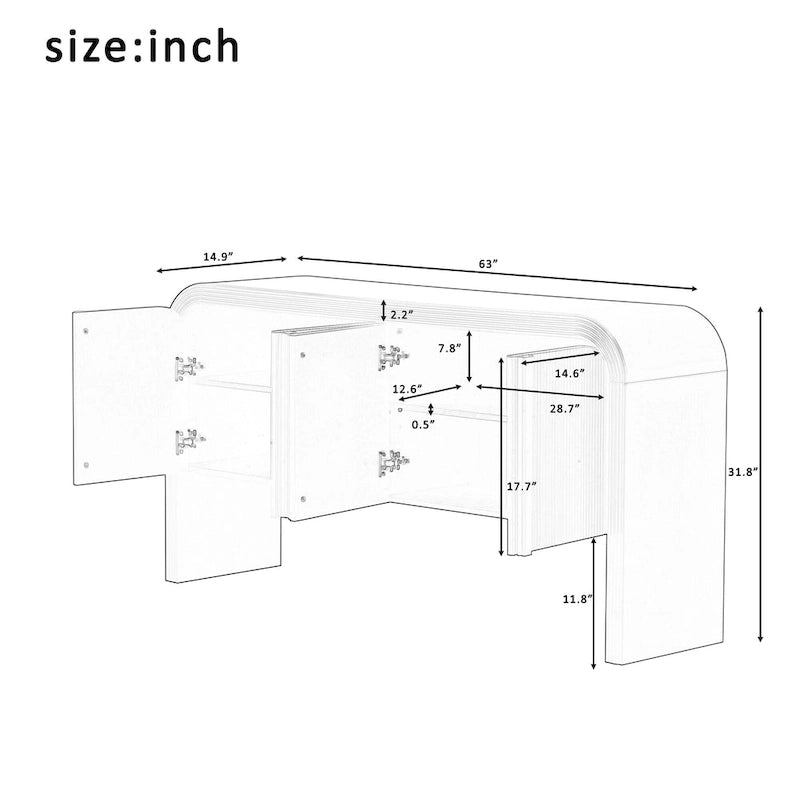 Geschwungenes Aufbewahrungsschrank-Sideboard mit 4 gestreiften Türen und verstellbaren Einlegeböden, moderner Flurschrank mit Kiefernholzbeinen