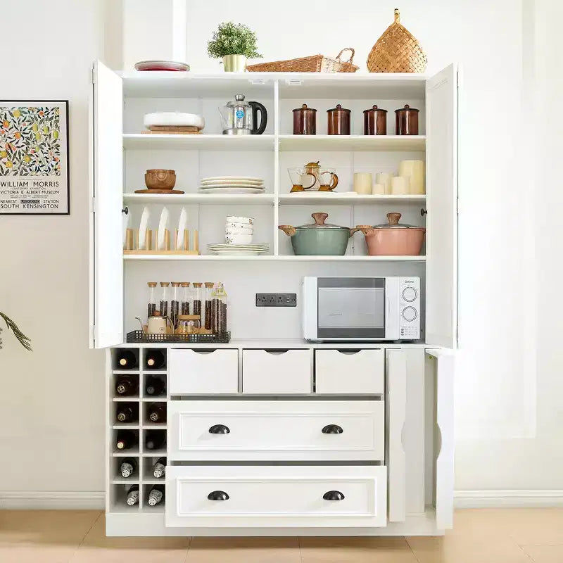 Whisen 71 Zoll hoher freistehender Küchenschrank, großer Vorratsschrank für das Esszimmer, Anrichte mit 4 Falttüren, Regalen und Weinregalen