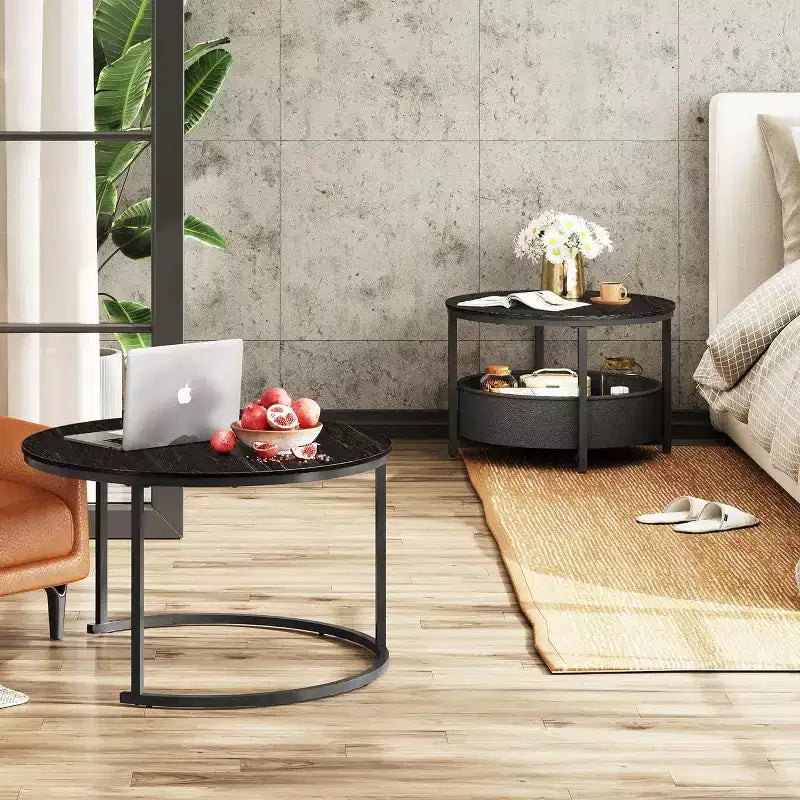 GALAXHERO 2er-Set verschachtelbare runde Couchtische – 31,5-cm-Beistelltische mit Ablagefach und Metallgestell für Wohnzimmer/Wohnung