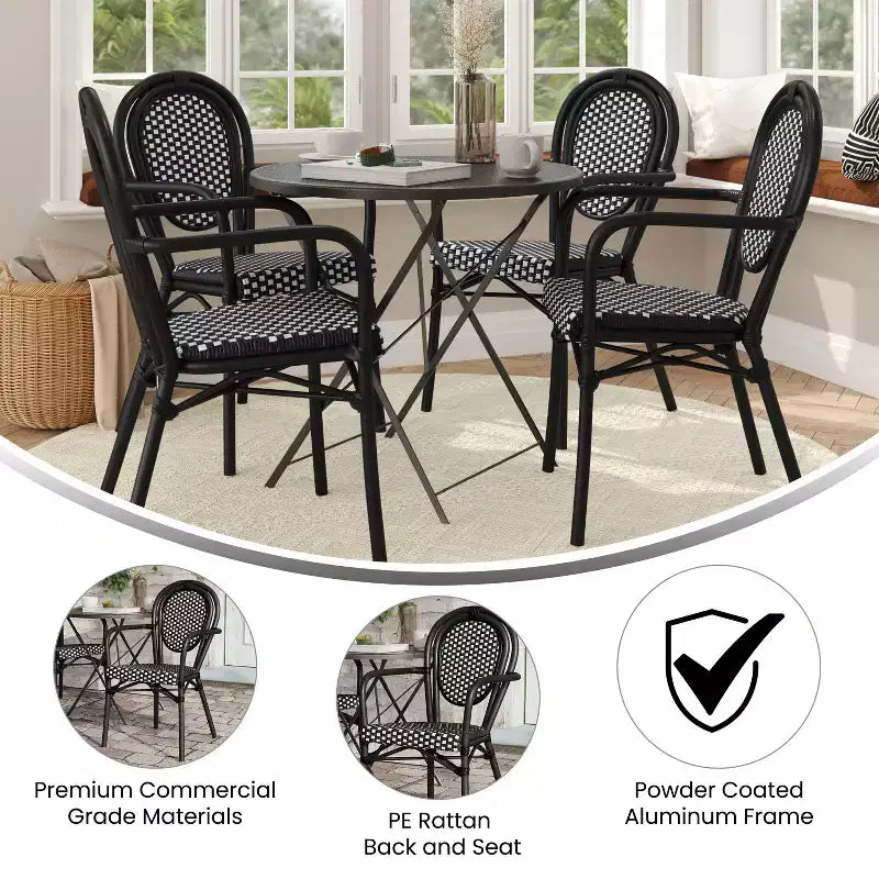 Flash Furniture 4er-Set Lourdes Indoor/Outdoor Gastro-Bistro-Stapelstuhl mit Armlehnen im Thonet-Stil, PE-Rattan und Aluminiumgestell