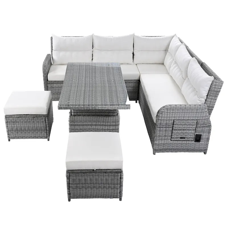 Outdoor-Rattan-Ecksofa-Set mit verstellbarem Tisch und Relaxsesseln