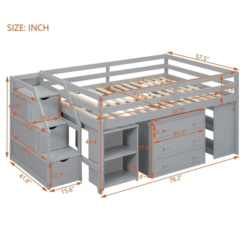 Full-Size-Hochbett mit ausziehbarem Schreibtisch und 3 Schubladen, Hochbett aus Holz mit Treppe mit Stauraum und Regalen