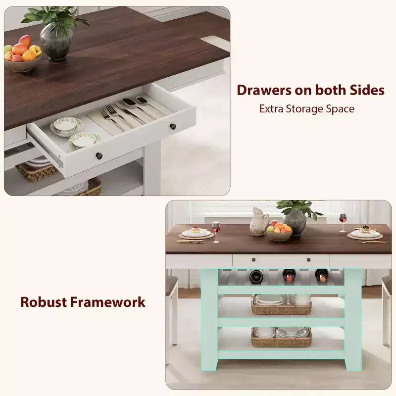 60-Zoll-Kücheninsel mit Stauraum, 4-stufiger stationärer Küchentisch im Landhausstil mit großer Arbeitsplatte für Küche, Esszimmer und Wohnzimmer