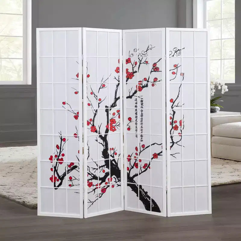 Roundhill Furniture Japanischer 4-Panel Raumteiler, Pflaumenblüte