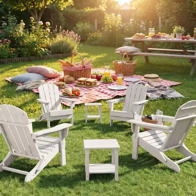 Klappbare Adirondack-Stühle, 4er-Set mit 2 Beistelltischen, moderne Outdoor-Stühle aus HDPE für Terrasse, Veranda, Balkon, Garten und Rasen