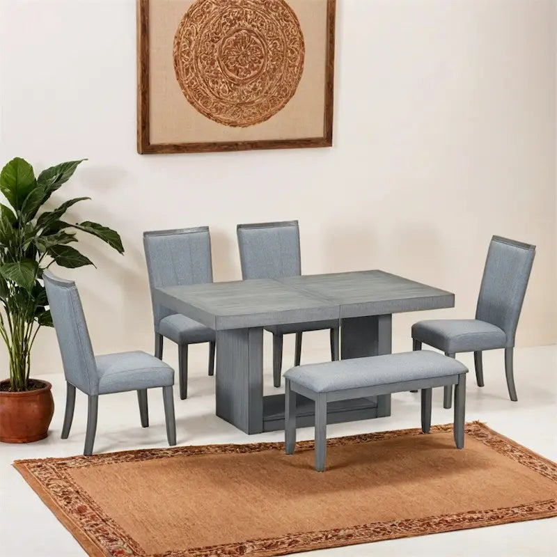 Zeitgenössisches 6-teiliges ausziehbares Säulen-Esszimmertisch-Set (198 cm)