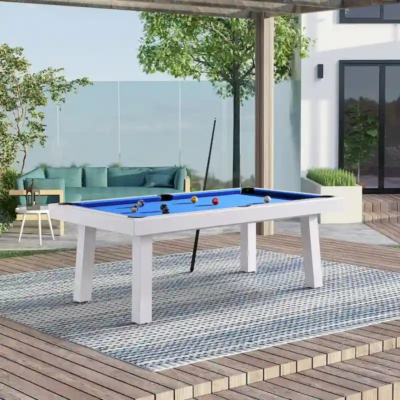 Norwalk Indoor/Outdoor 7-Fuß-Billardtisch in Schieferoptik, Esstischgarnitur für 6 Personen mit 4 Bänken und Zubehör, weißes Finish