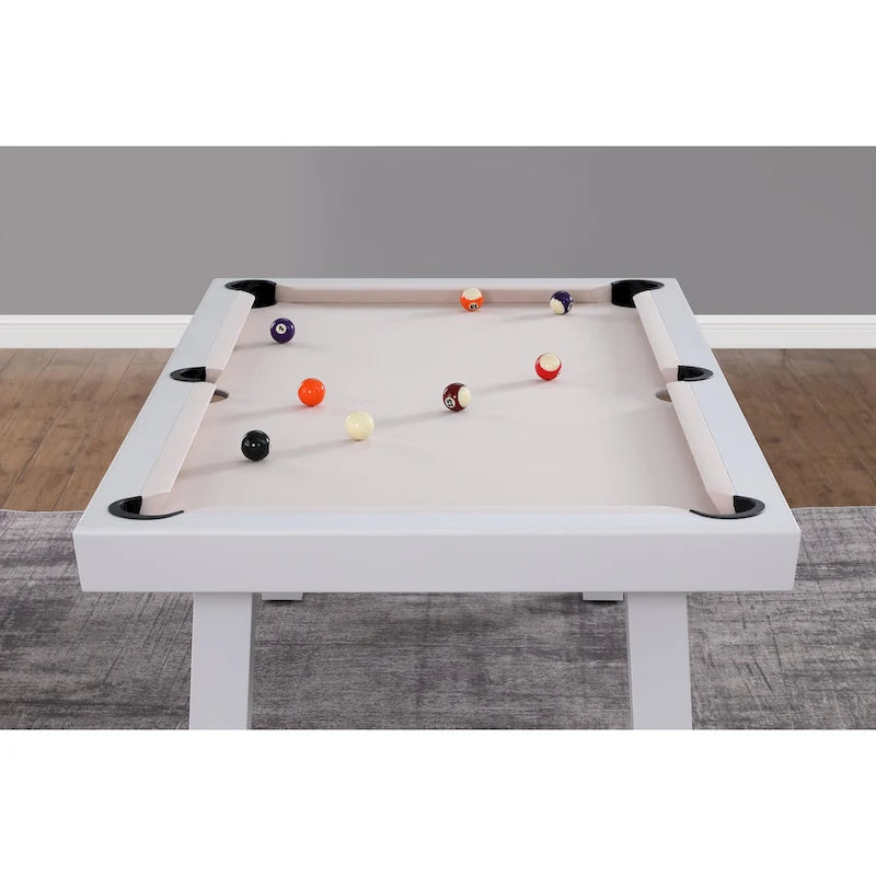 Norwalk Indoor/Outdoor 7-Fuß-Billardtisch in Schieferoptik, Esstischgarnitur für 6 Personen mit 4 Bänken und Zubehör, weißes Finish