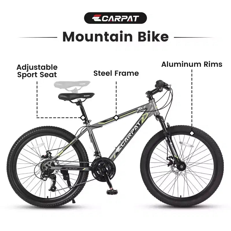 Okak 24 Zoll Mountainbike mit Stahlrahmen, Kinderfahrrad mit Shimano 21-Gang-Schaltung, doppelten Scheibenbremsen und Vordergabel-Federung, Fahrrad für Jugendliche