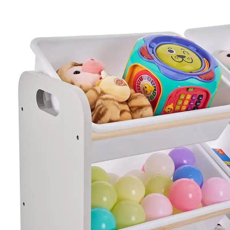 VECELO Kinder-Bücherregal mit Spielzeugaufbewahrung und 12 Körben, Spielzeugregal aus Holz für Kleinkinder, geräumige Spielzimmeraufbewahrung für Bücher oder Spielzeug