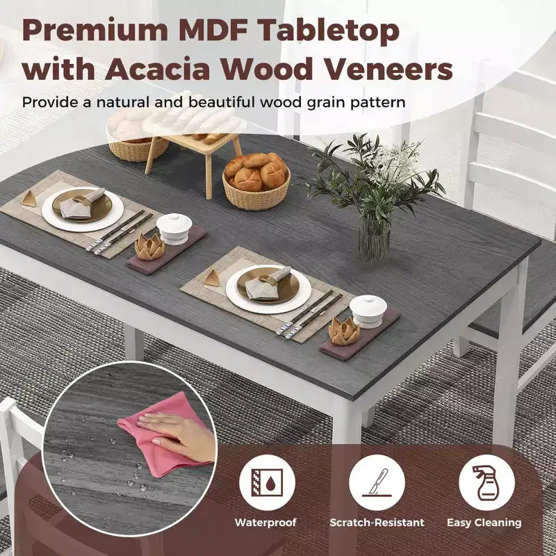 Costway 5-teiliges Esszimmer-Set Massivholz Küchenmöbel mit rechteckigem Tisch & 4 Stühlen Natur/Kaffee/Grau
