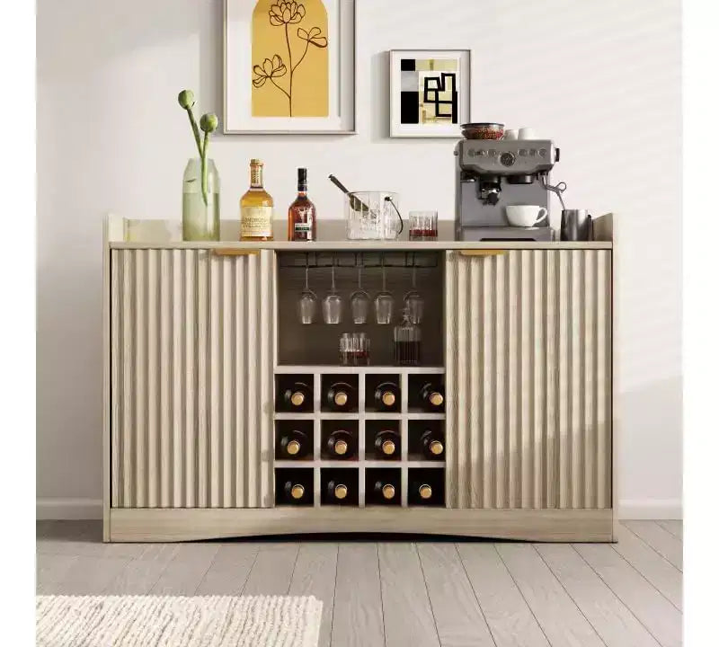 47 Moderner Weinschrank mit 9 Glashaltern, 12 Weinregalen, geriffeltem Design, 2 Türen, Buffet-Sideboard-Aufbewahrung für Ess- & Wohnzimmer