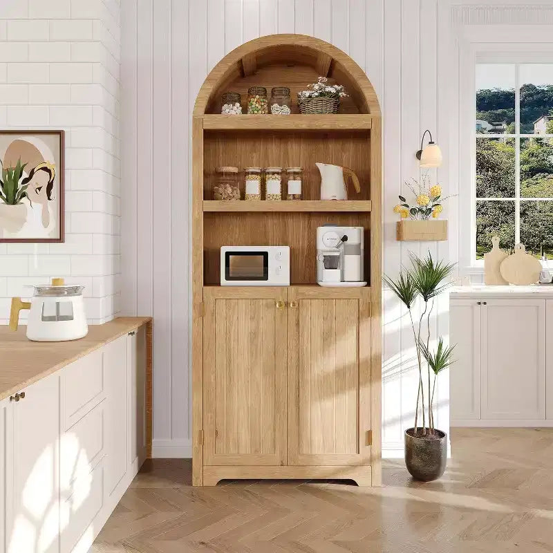 Hoher, gewölbter Schrank (72 Zoll), 5-stufiger gewölbter Bücherregal mit Doppeltüren und verstellbarem Einlegeboden, hölzerner Bücherregal mit Stauraum fürs Homeoffice