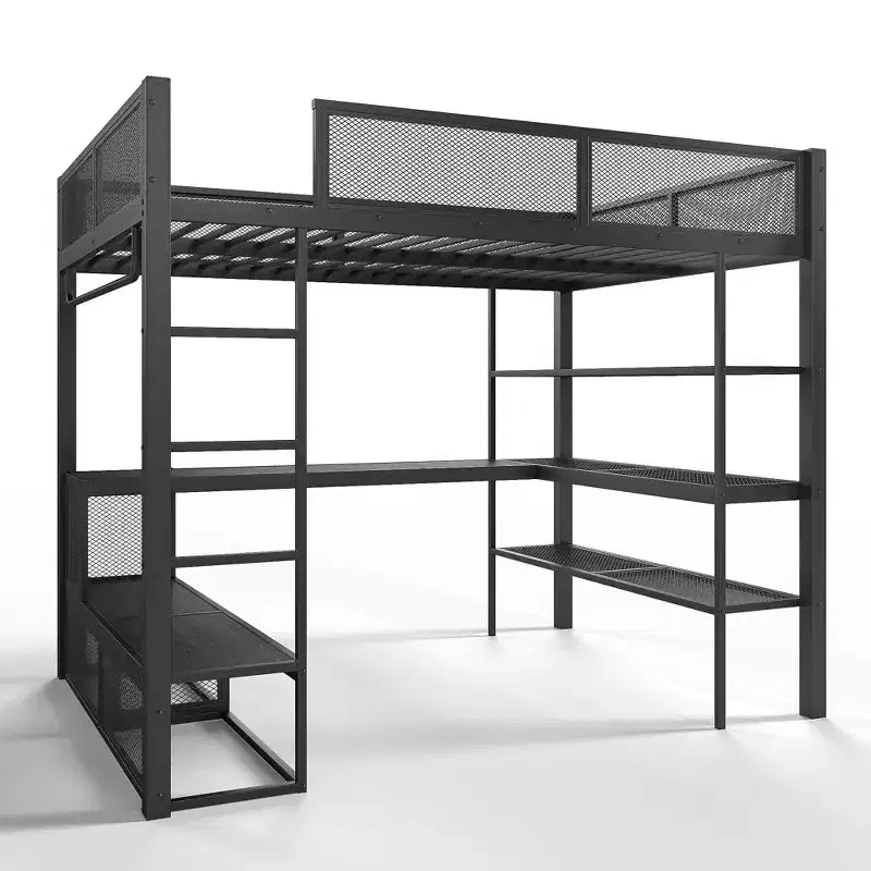 Bellemave Queensize-Metallhochbett mit Schreibtisch, Ablagefächern und Kleiderstange, platzsparendes Hochbettgestell mit Schutzgittern und Leiter, kein Lattenrost erforderlich, Schwarz