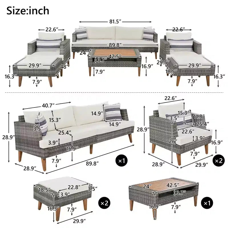 Whisen 6-teiliges Allwetter-PE-Geflecht-Sofaset, Outdoor-Rattan-Sofa mit Doppelkissen