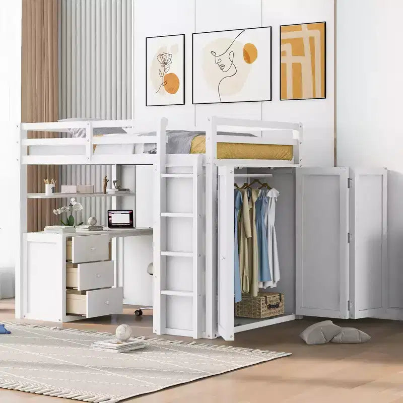 CLIHOME Hochbett in Full-Size mit 3 Schubladen, Schreibtisch und Kleiderschrank