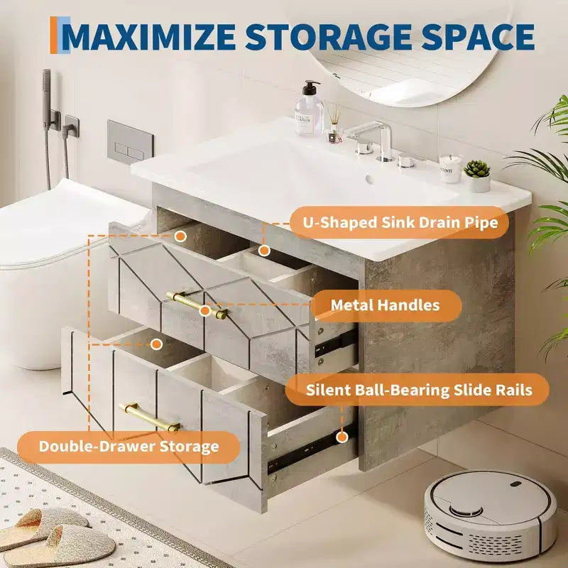 Modernes hängendes Badezimmer-Waschtischset mit Waschbecken – Wandmontierter Unterschrank mit Soft-Close-Schublade und goldenem Griff, Größe 24 oder 30 Zoll