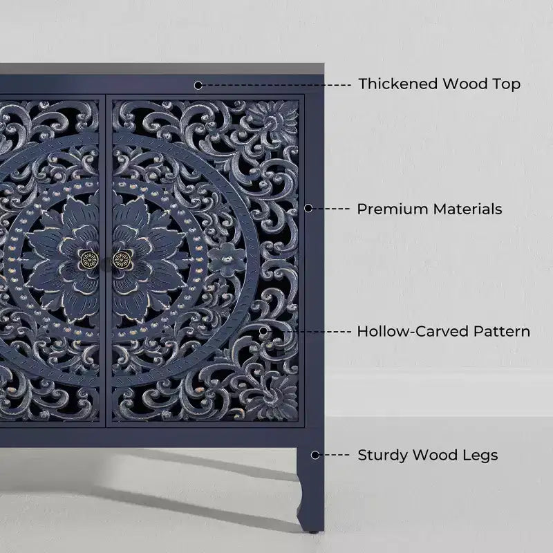 Buffetschrank mit Stauraum, rustikaler Aufbewahrungsschrank mit 4 geschnitzten Türen und verstellbarem Einlegeboden, Sideboard aus Holz als Akzentmöbel