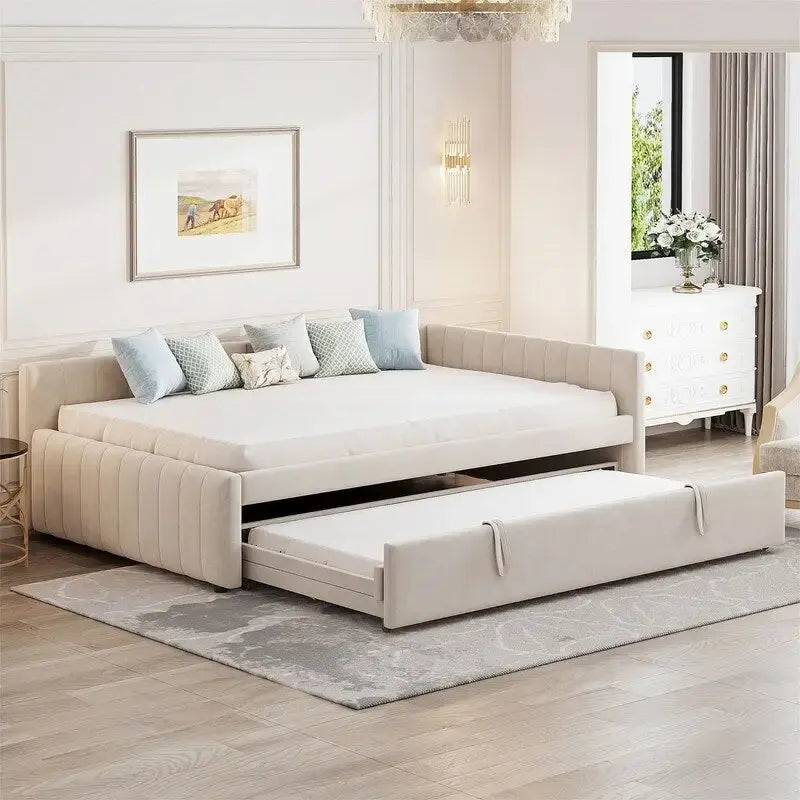 Gepolstertes Daybed mit Twin-Size-Pop-up-Schlafsofa, Full-Size-Daybed-Rahmen, Sofa mit L-förmiger Rückenlehne und gestreiftem Design