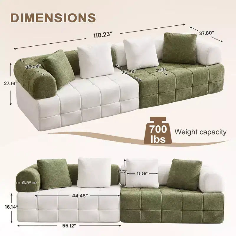 280 cm breites, modulares 4-Sitzer-Sofa aus Chenille im Colorblock-Design mit geschwungenen Armlehnen
