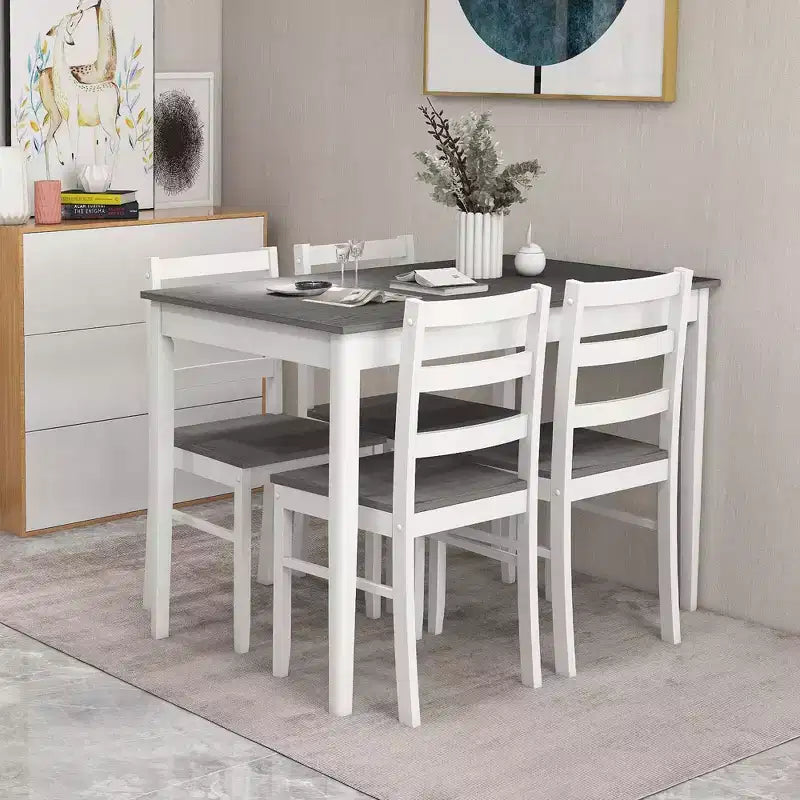 Costway 5-teiliges Esszimmer-Set Massivholz Küchenmöbel mit rechteckigem Tisch & 4 Stühlen Natur/Kaffee/Grau