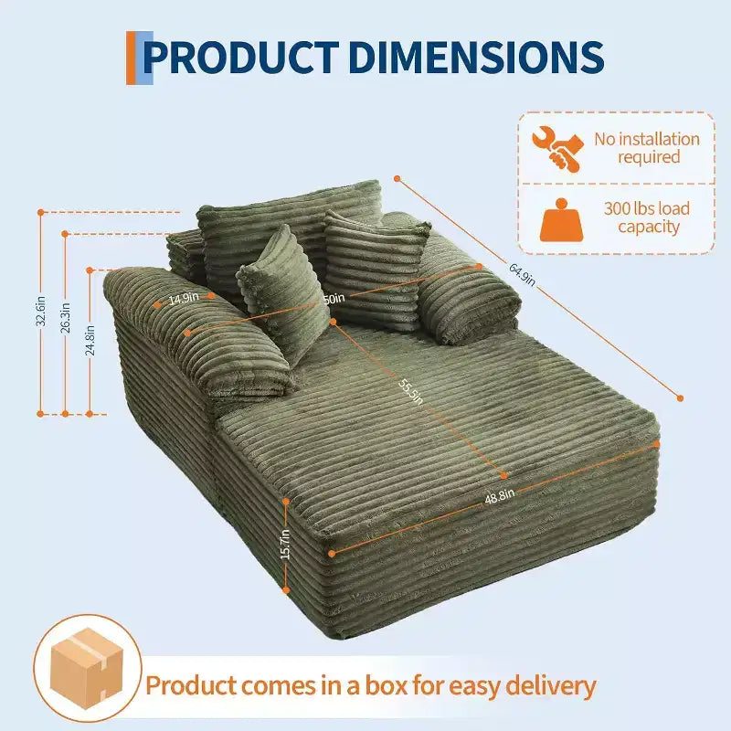 Übergroßes Chaiselongue-Sofa, Cord-Schlafsofa mit Kissen und breiten Armlehnen für Wohnzimmer, Schlafzimmer und Heimkino