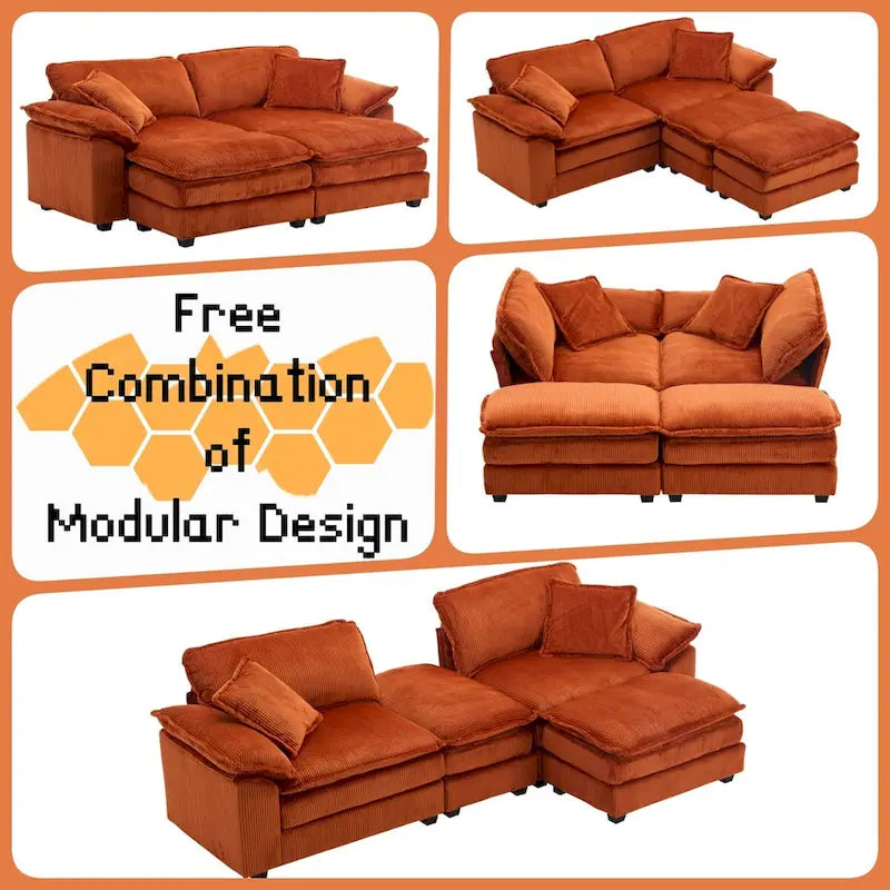 Modernes 2-Sitzer-Sofa aus Cord mit 4 Stützkissen und 2 Hockern